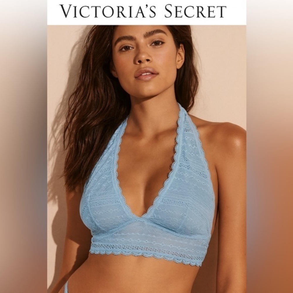 Victoria’s Secret Baby Blue Lace Halter Bralette Size L